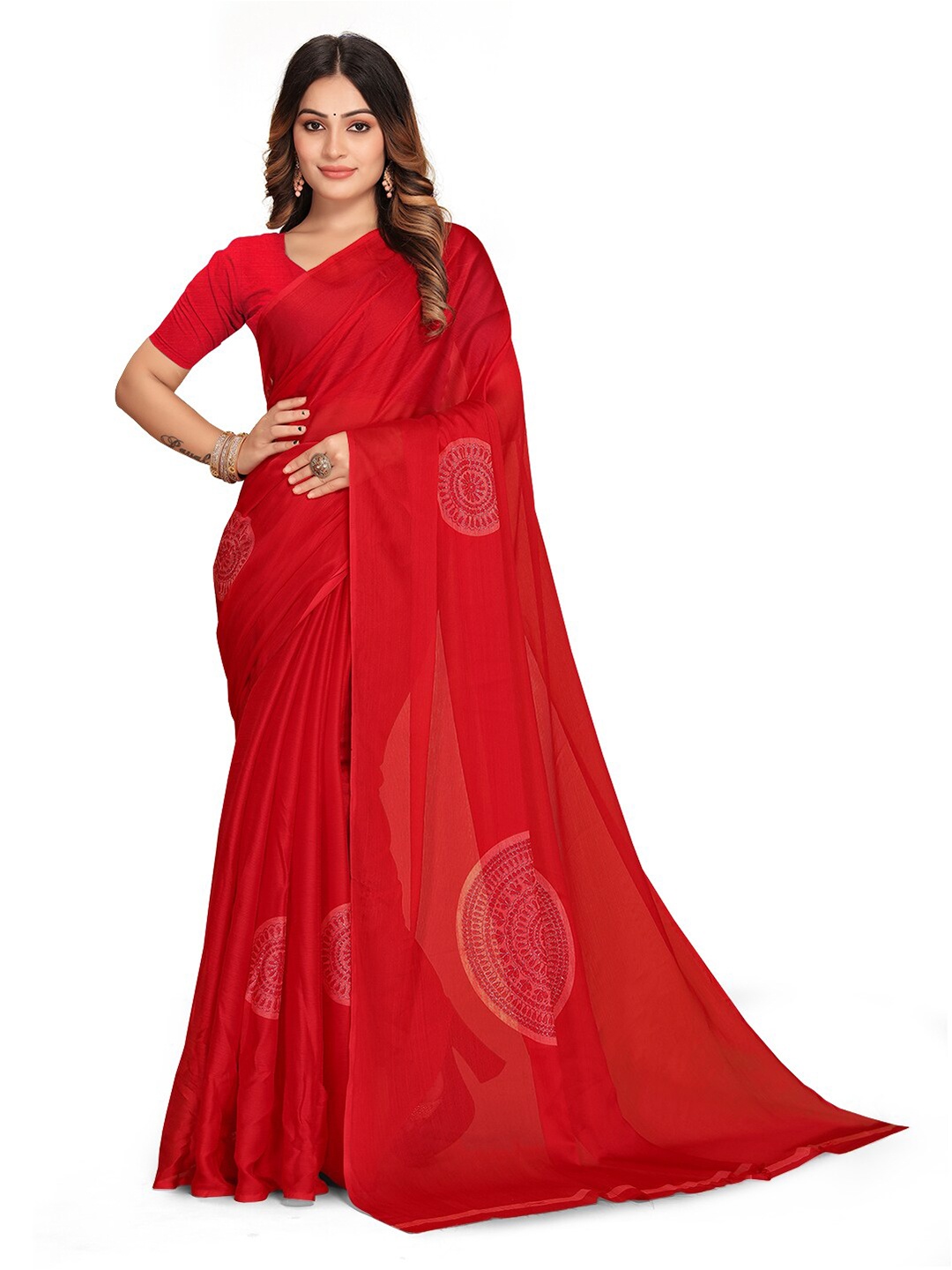 

KALINI Ethnic Motifs Printed Pure Georgette Saree, Red