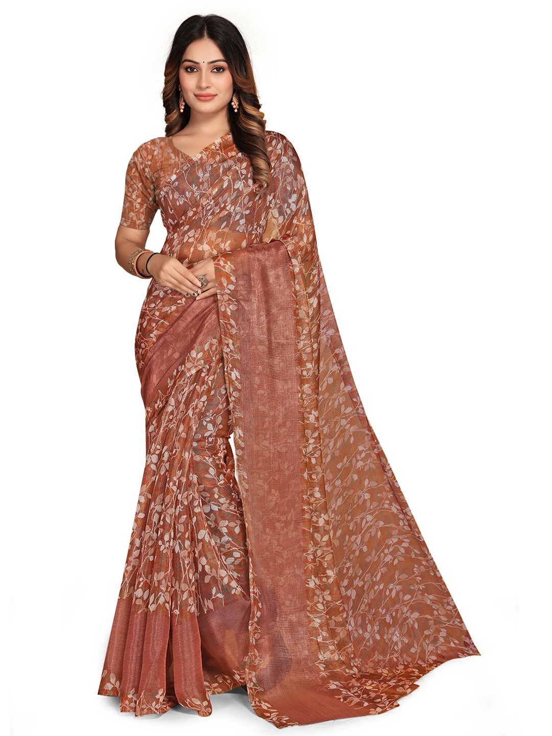 

KALINI Floral Printed Brasso Saree, Brown