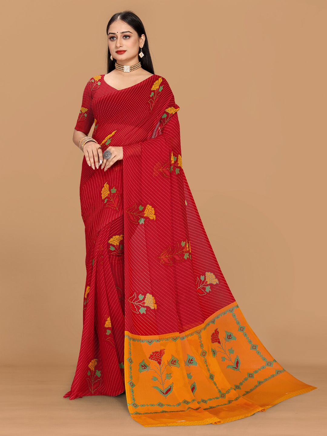 

KALINI Floral Printed Pure Georgette Saree, Red