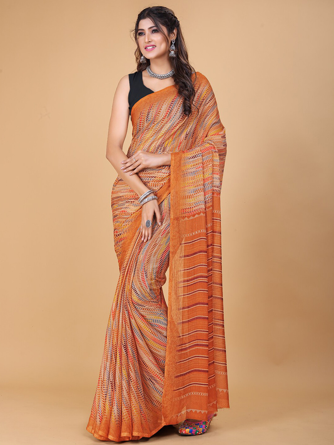 

KALINI Abstract Printed Pure Chiffon Saree, Brown