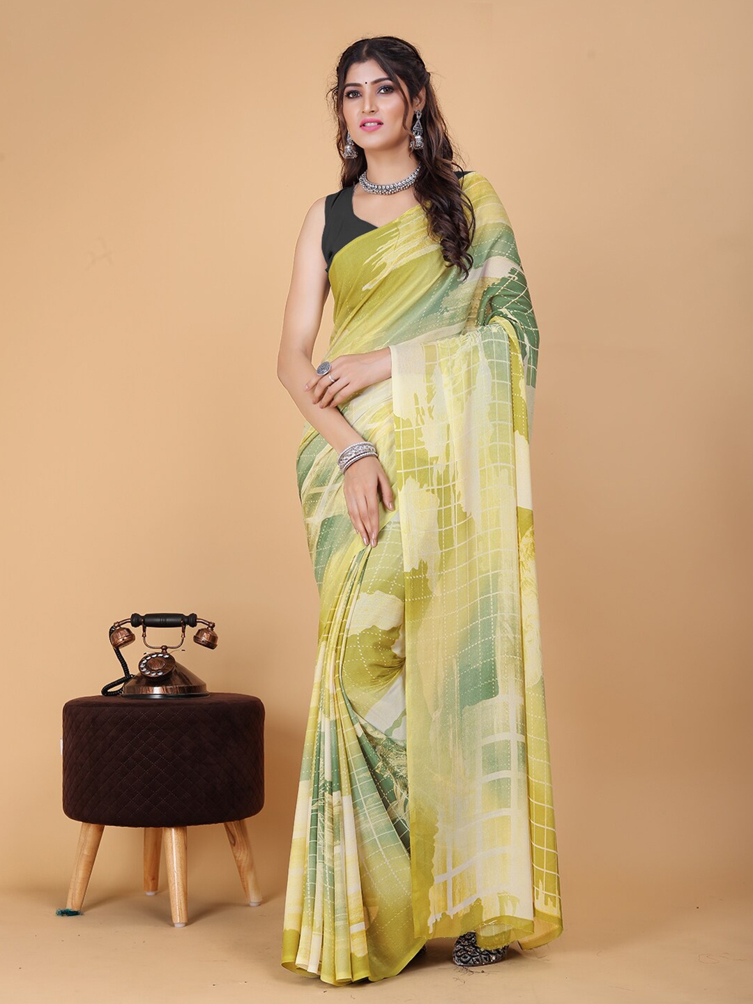 

KALINI Abstract Printed Pure Georgette Saree, Yellow
