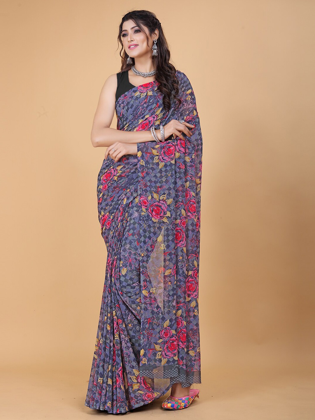 

KALINI Floral Printed Pure Georgette Saree, Blue
