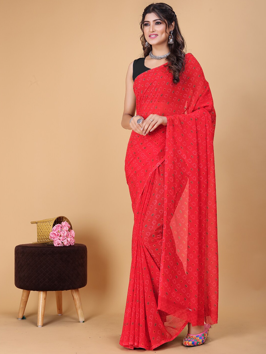 

KALINI Bandhani Printed Pure Georgette Saree, Red