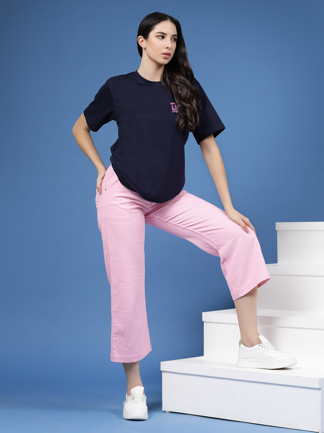 

Rigo Pure Cotton Printed Drop-Shoulder Sleeves T-shirt, Navy blue