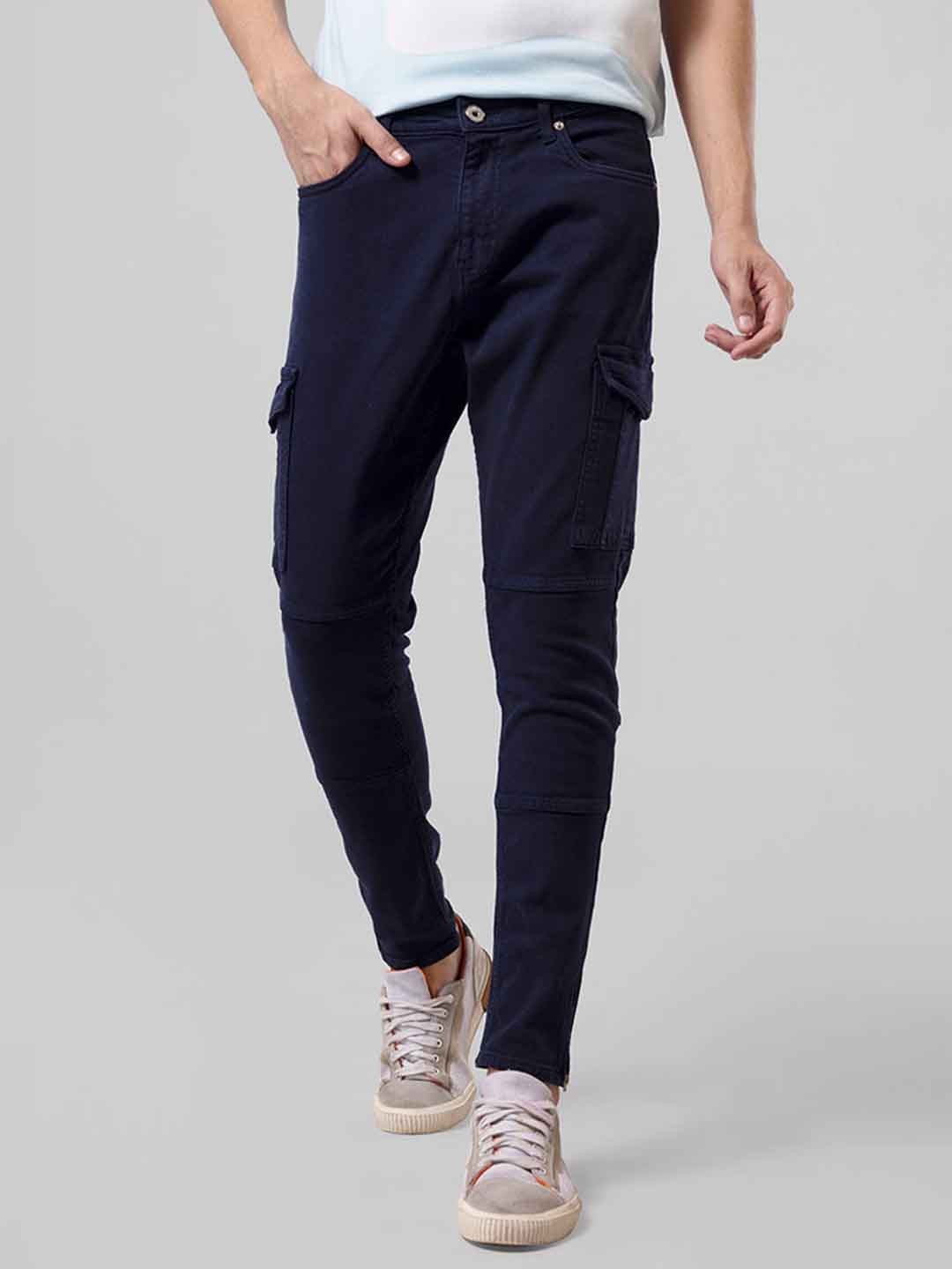 

Snitch Men Navy Blue Skinny Fit Clean Look Cotton Cargo Jeans