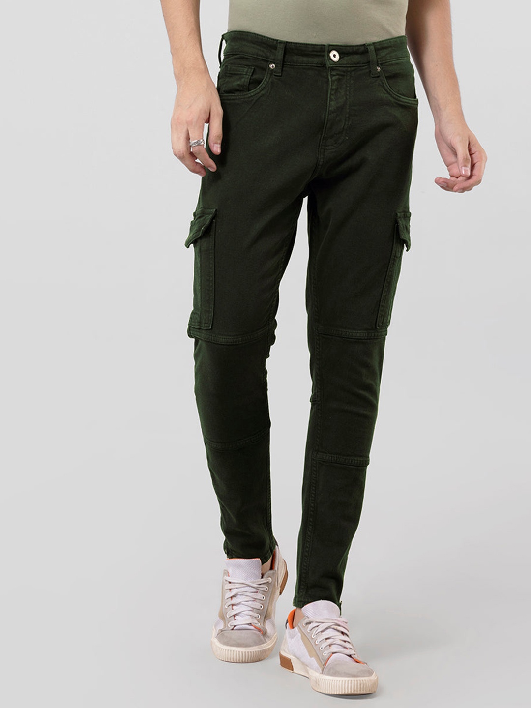 

Snitch Men Olive Green Skinny Fit Clean Look Cotton Cargo Jeans