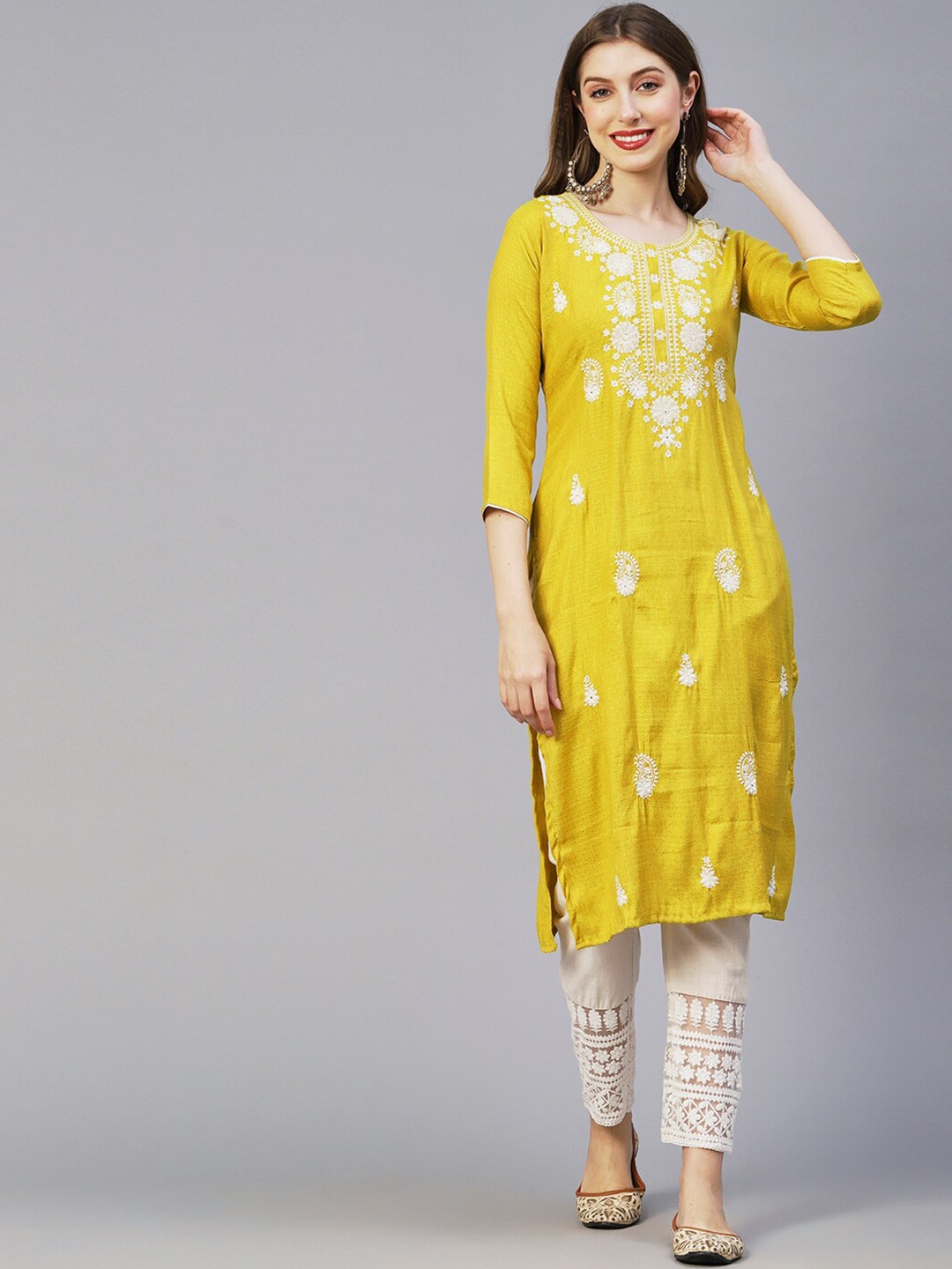 

FASHOR Yellow Ethnic Motifs Embroidered Kurta