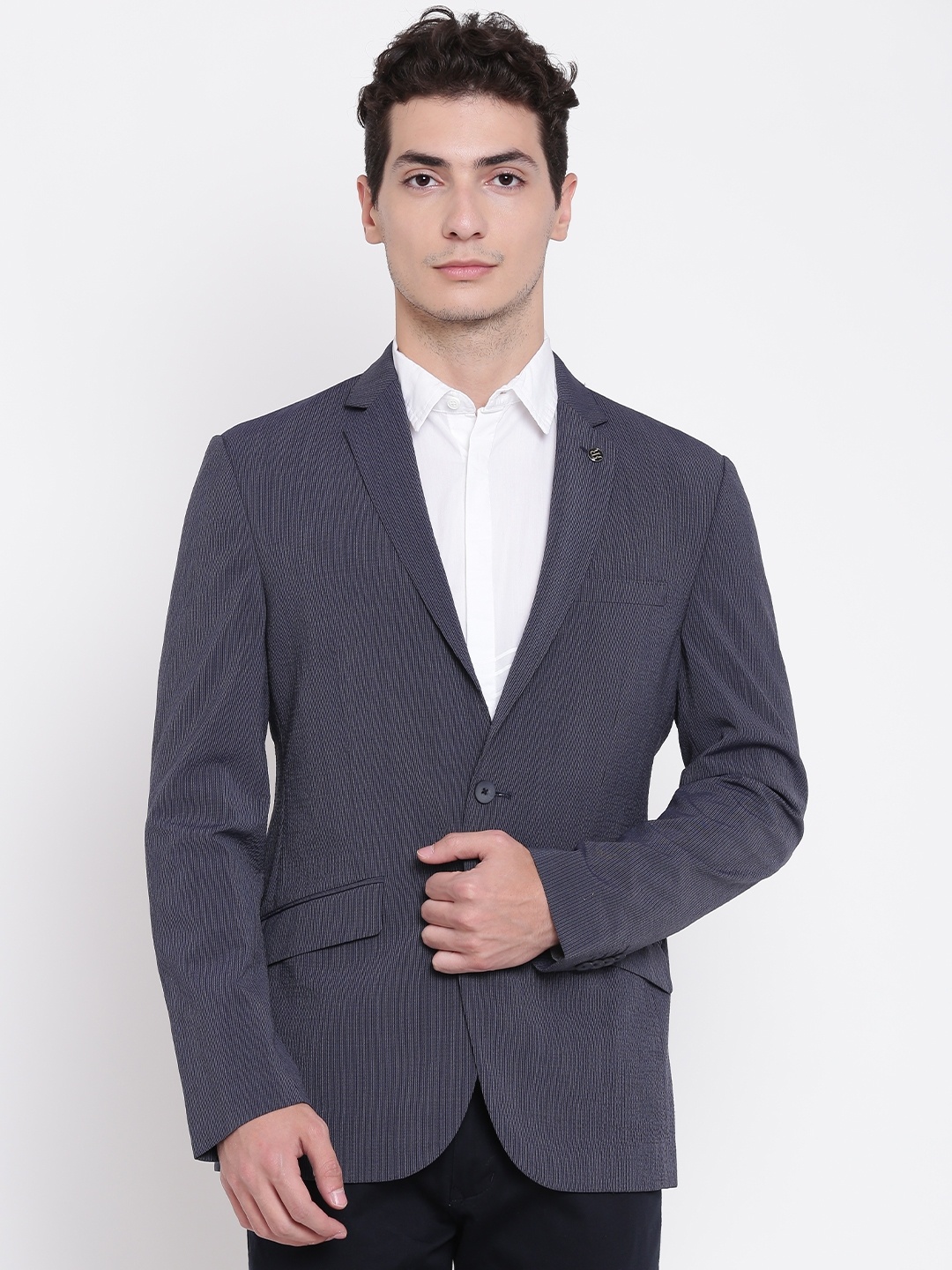 

Raymond Blue Self-Striped Tailored Slim Fit Single-Breasted Casual Blazer