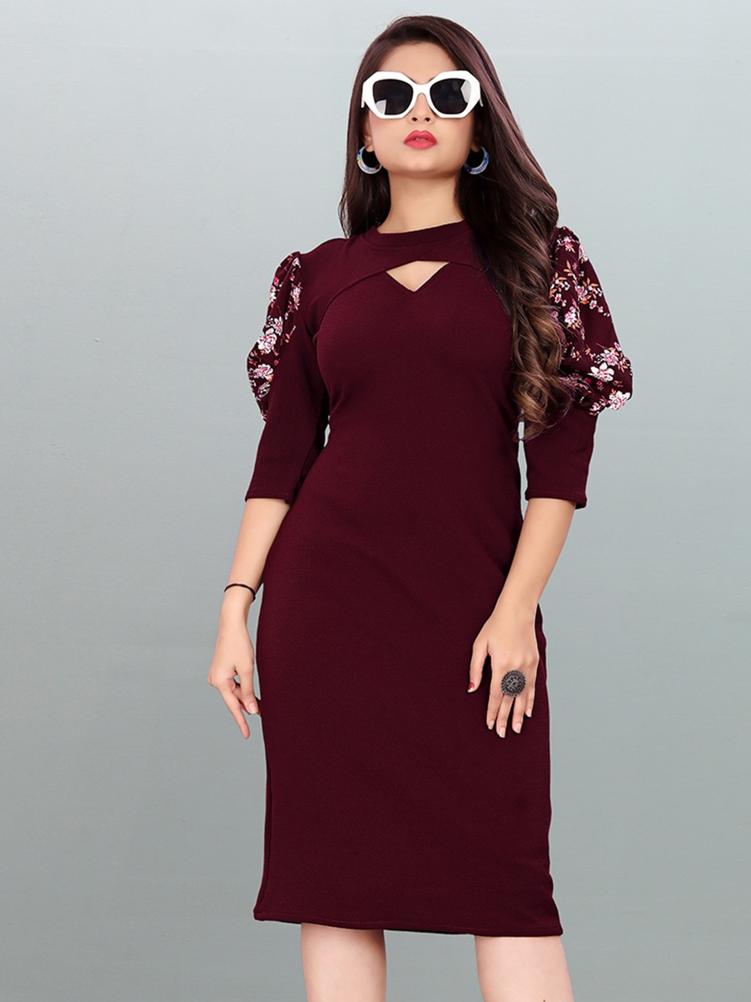 

DEKLOOK Keyhole Neck Puff Sleeves Sheath Dress, Maroon