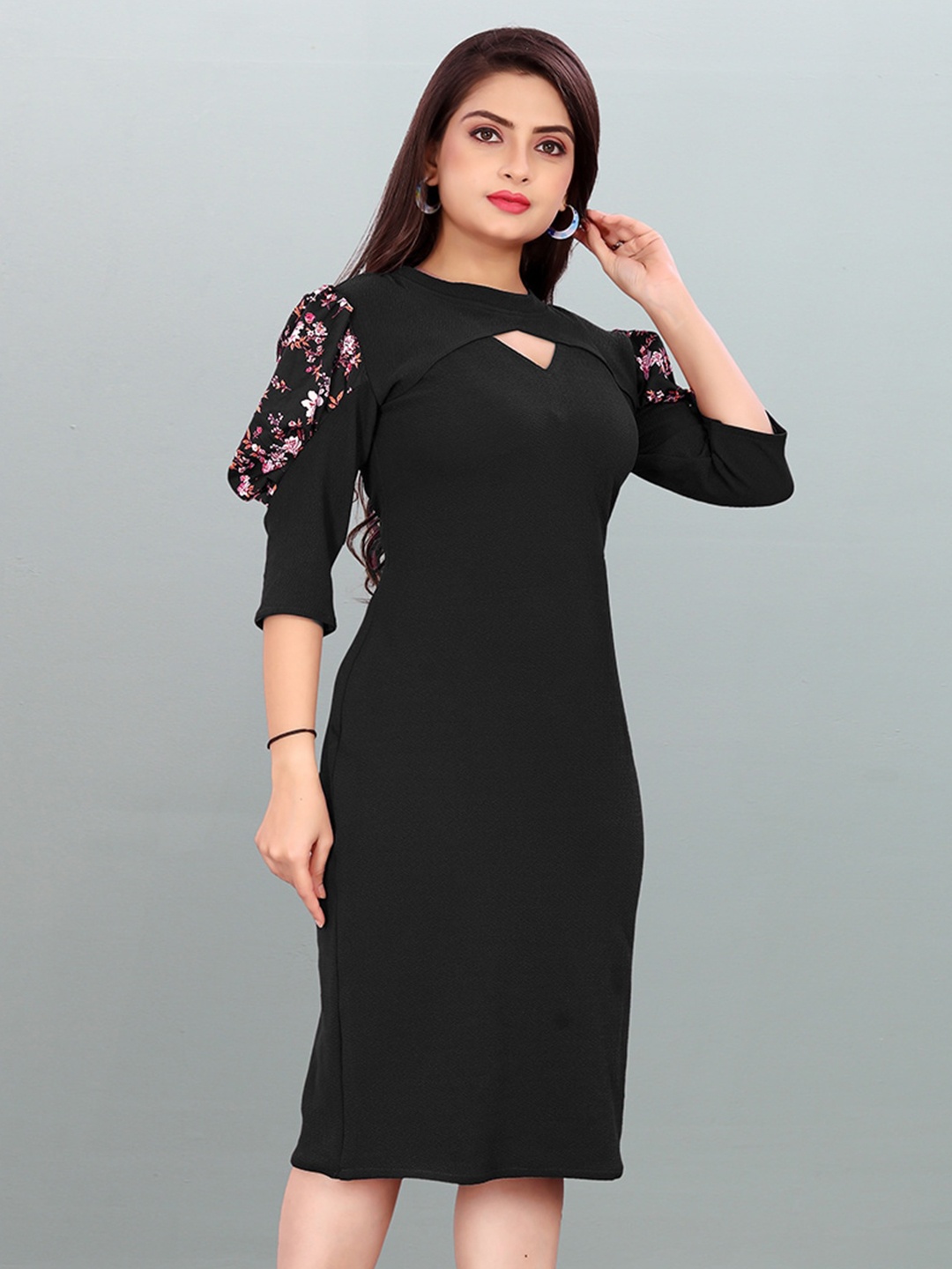 

DEKLOOK Keyhole Neck Puff Sleeves Sheath Dress, Black
