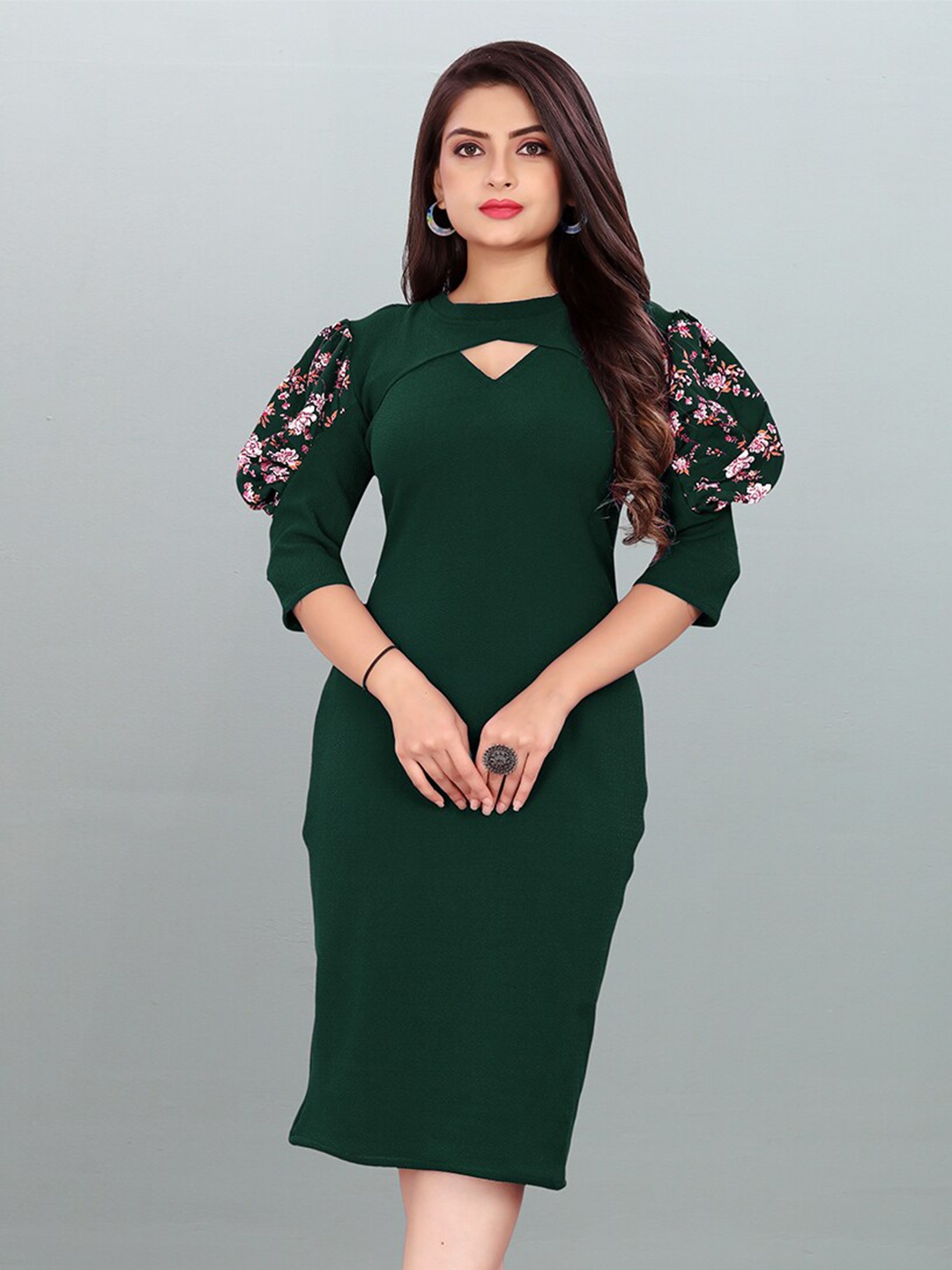 

DEKLOOK Keyhole Neck Puff Sleeves Sheath Dress, Green