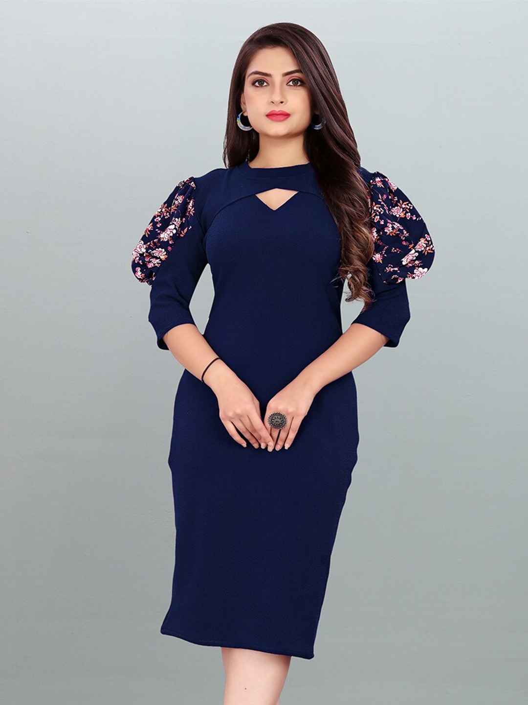 

DEKLOOK Keyhole Neck Puff Sleeves Sheath Dress, Blue