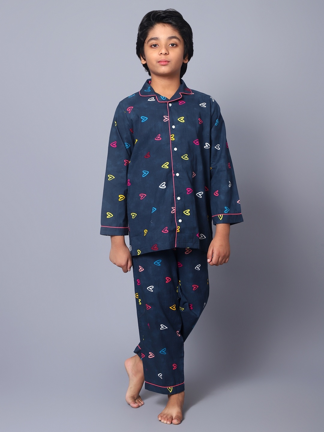 

Kiddiekid Kids Kids Graphic Printed Pure Cotton Night suit, Navy blue