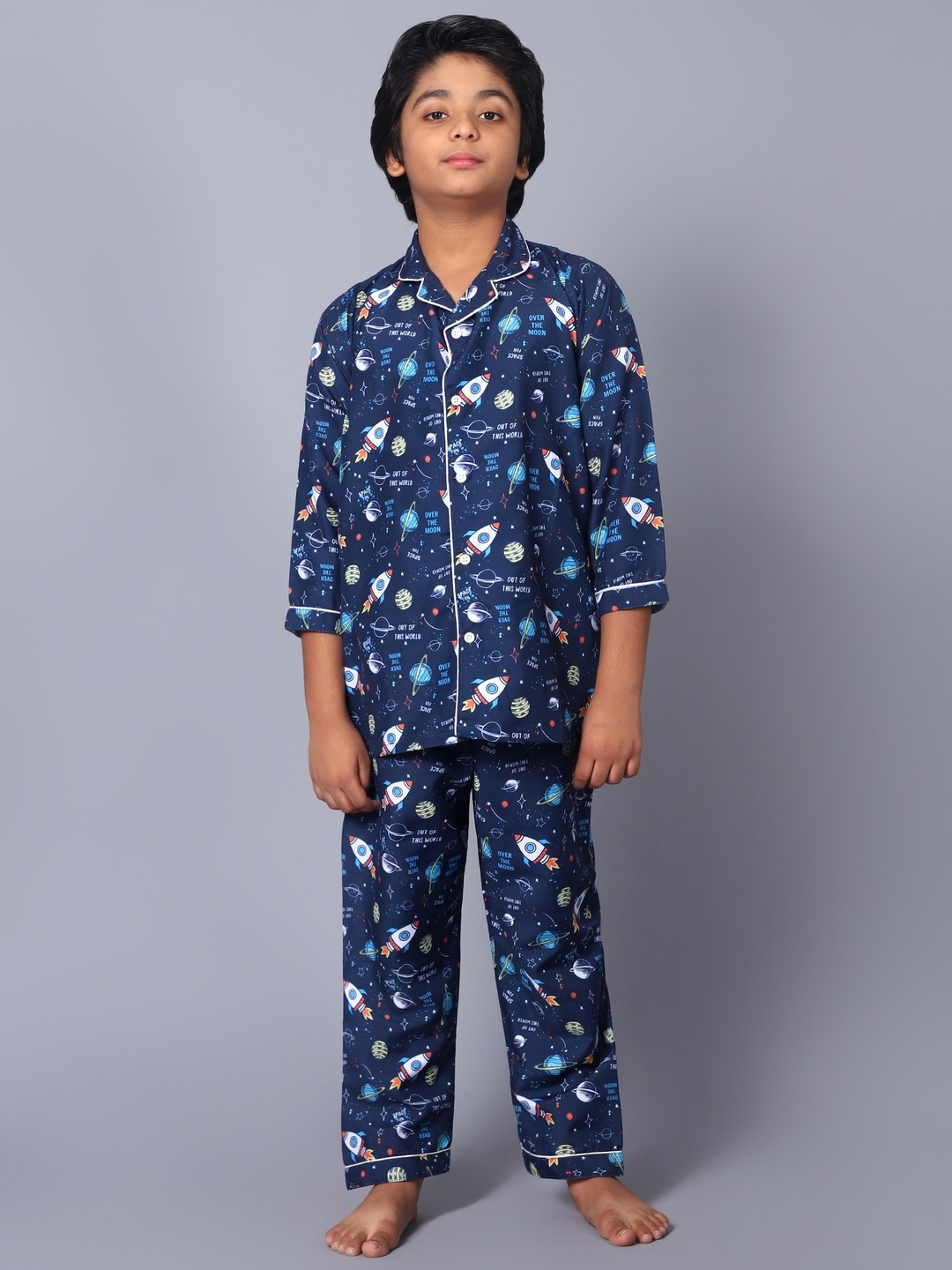 

Kiddiekid Kids Kids Graphic Printed Pure Cotton Night suit, Navy blue