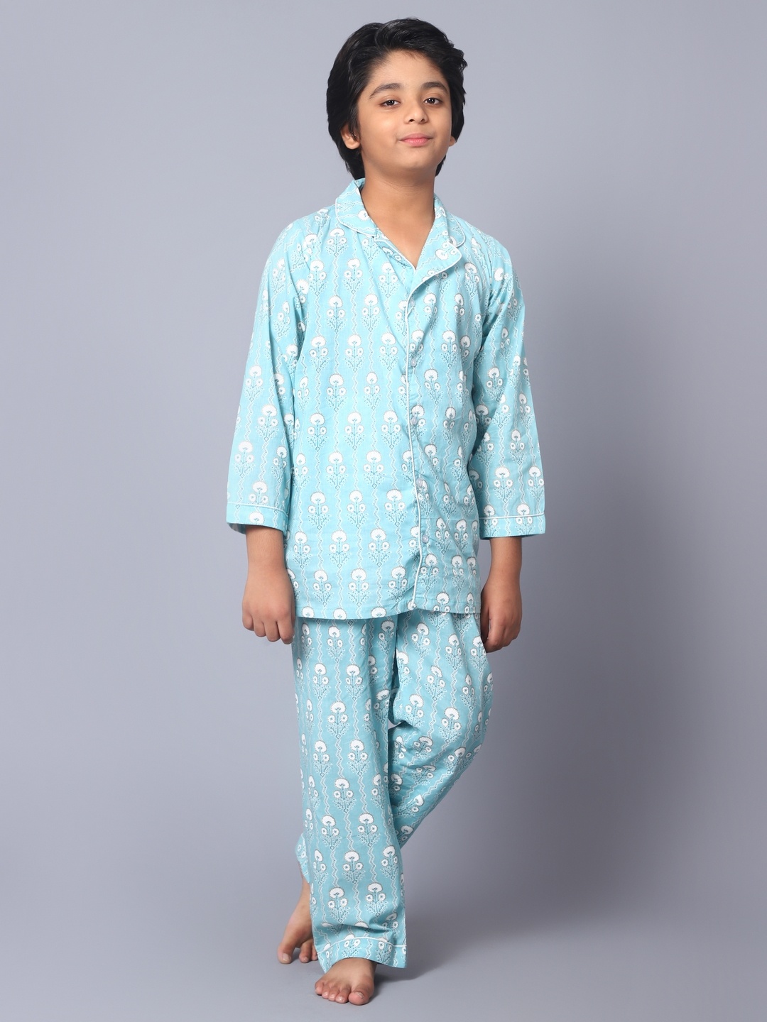 

Kiddiekid Kids Floral Printed Pure Cotton Night suit, Blue