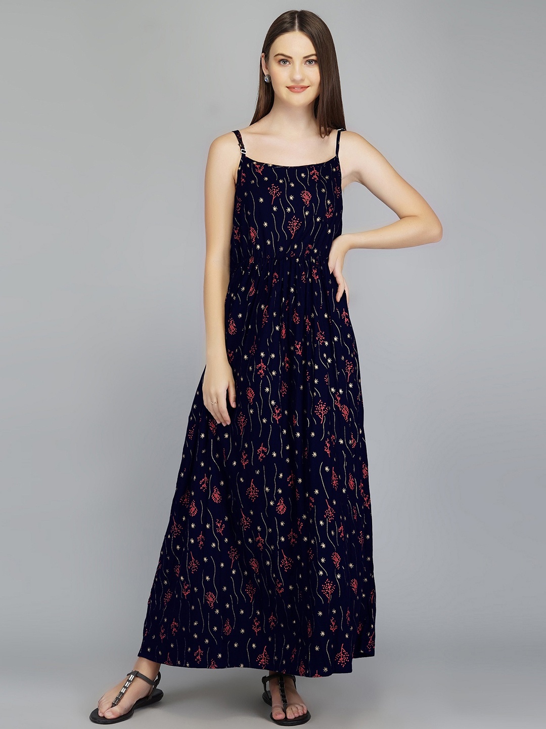 

METRO-FASHION Conversational Printed Shoulder Straps Maxi Dress, Navy blue