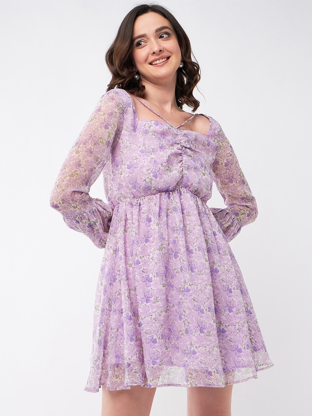 

MAGRE Lavender Floral Printed Square Neck Ruched Fit & Flare Dress