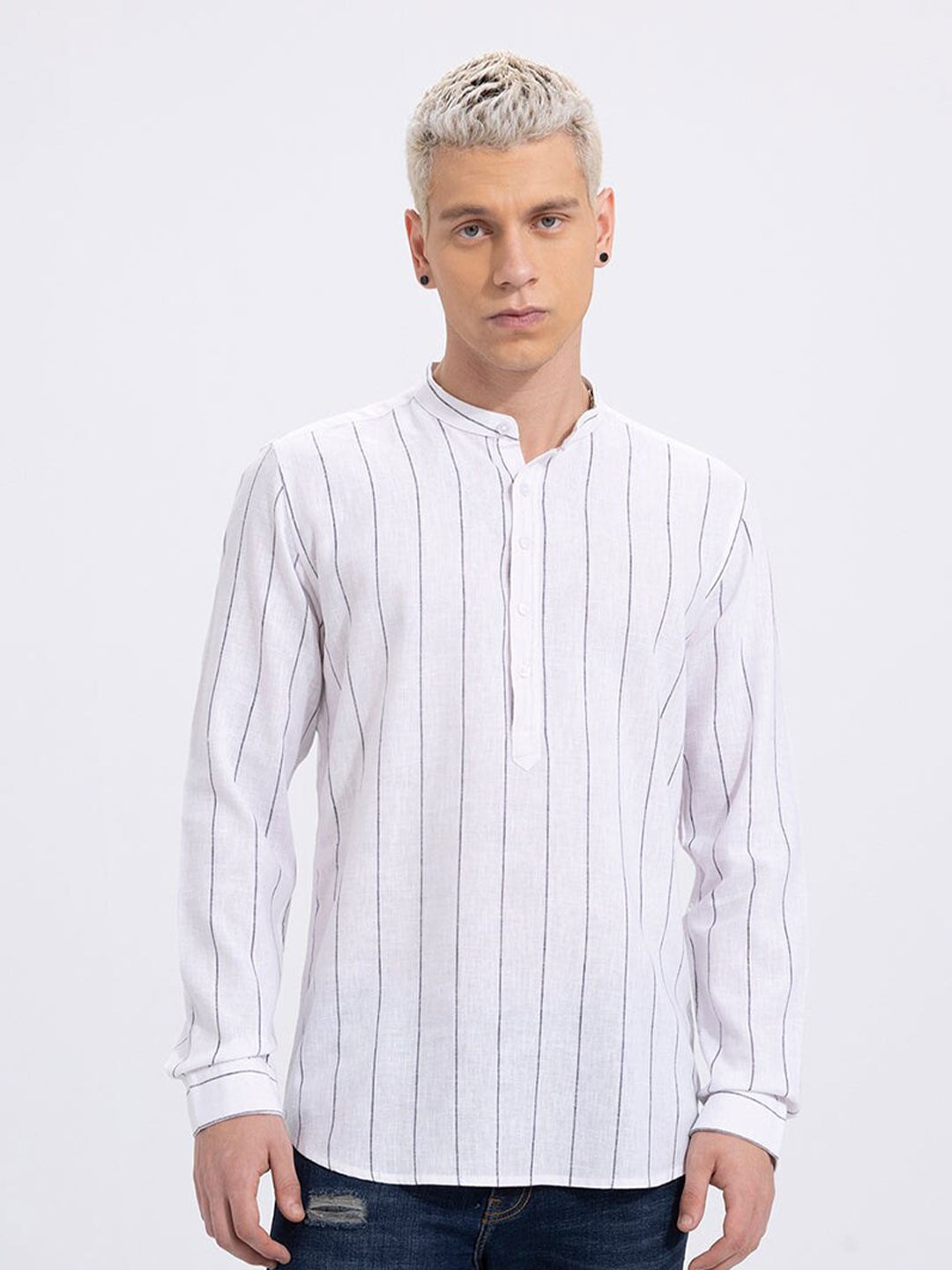 

Snitch White Striped Mandarin Collar Classic Slim Fit Cotton Casual Shirt