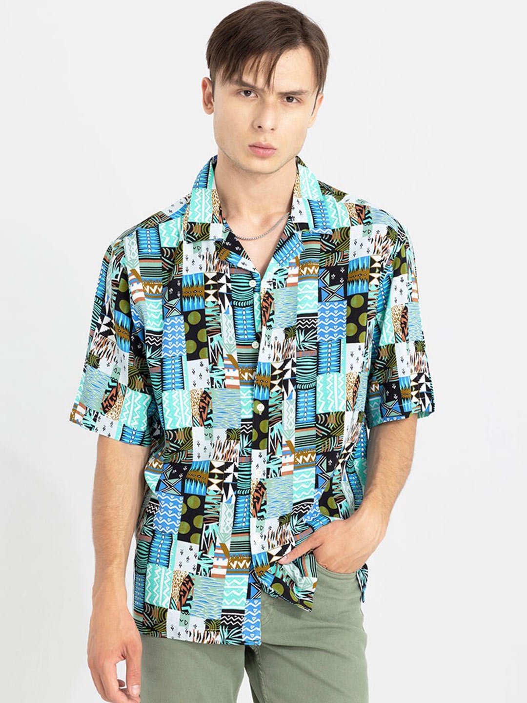 

Snitch Green Abstract Printed Classic Oversized Fit Casual Shirt