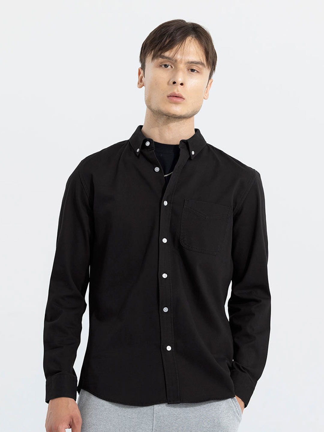 

Snitch Black Button-Down Collar Classic Slim Fit Cotton Casual Shirt