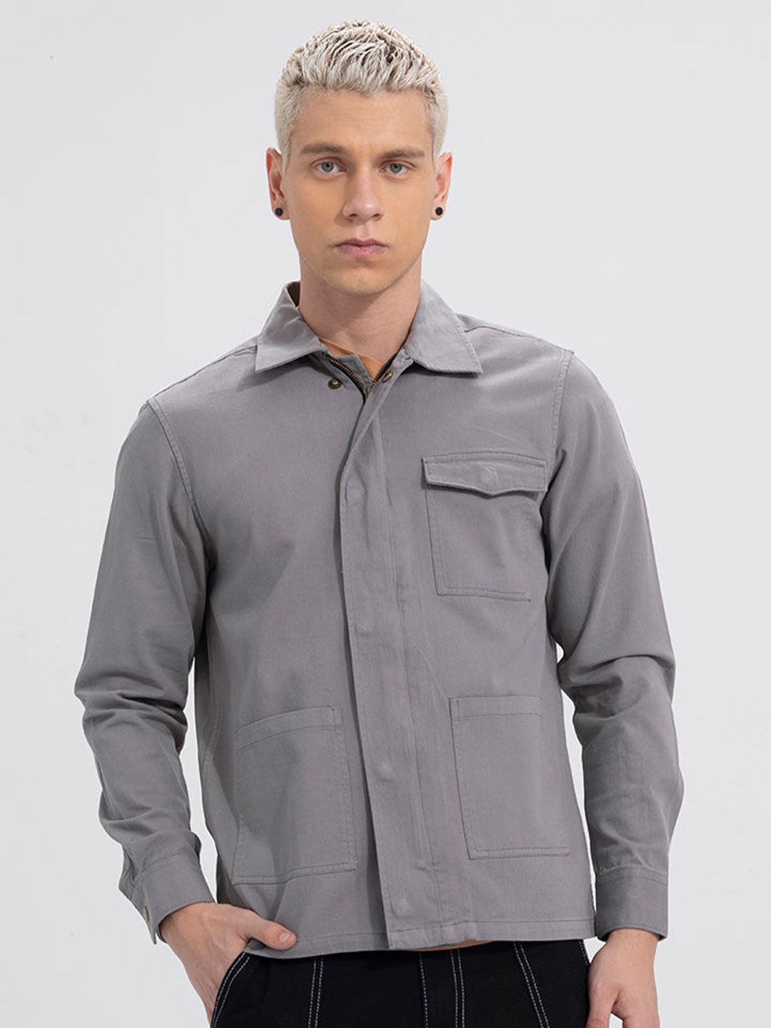 

Snitch Grey Spread Collar Cotton Shacket