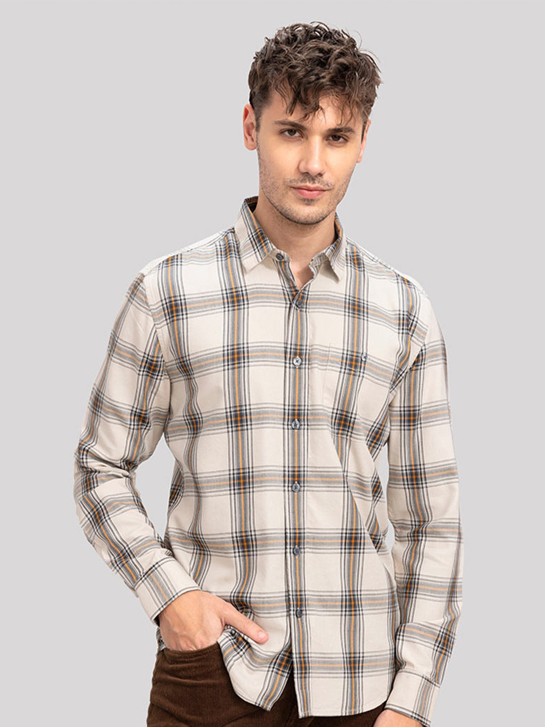 

Snitch Cream & Orange Coloured Classic Tartan Checked Slim Fit Cotton Casual Shirt