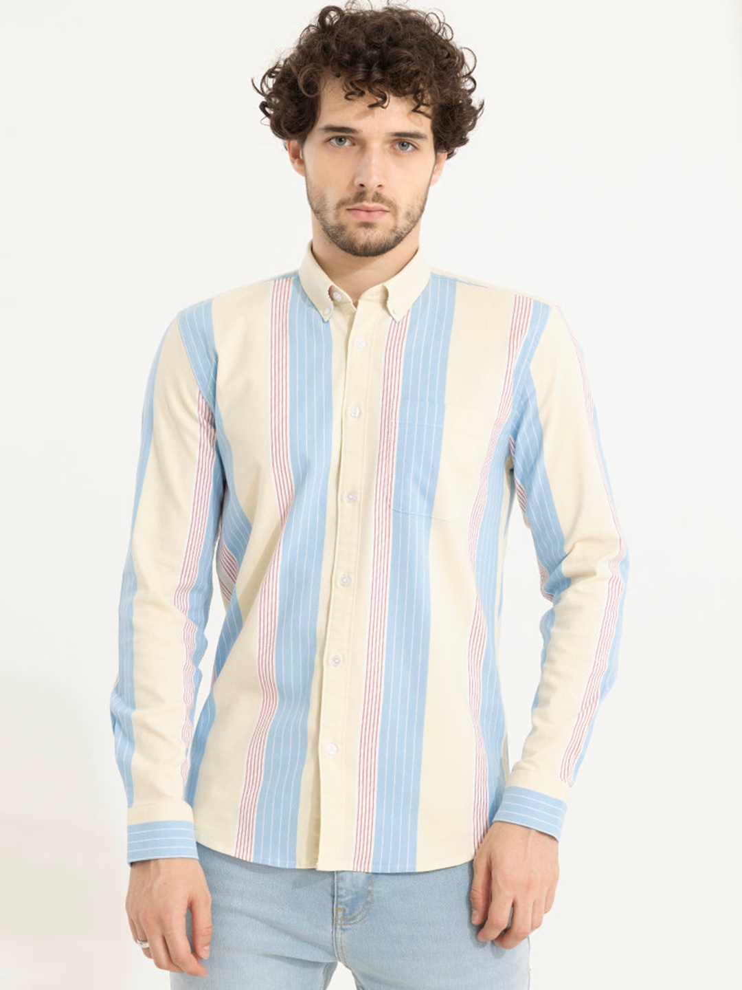 

Snitch Yellow Classic Striped Button-Down Collar Cotton Slim Fit Casual Shirt