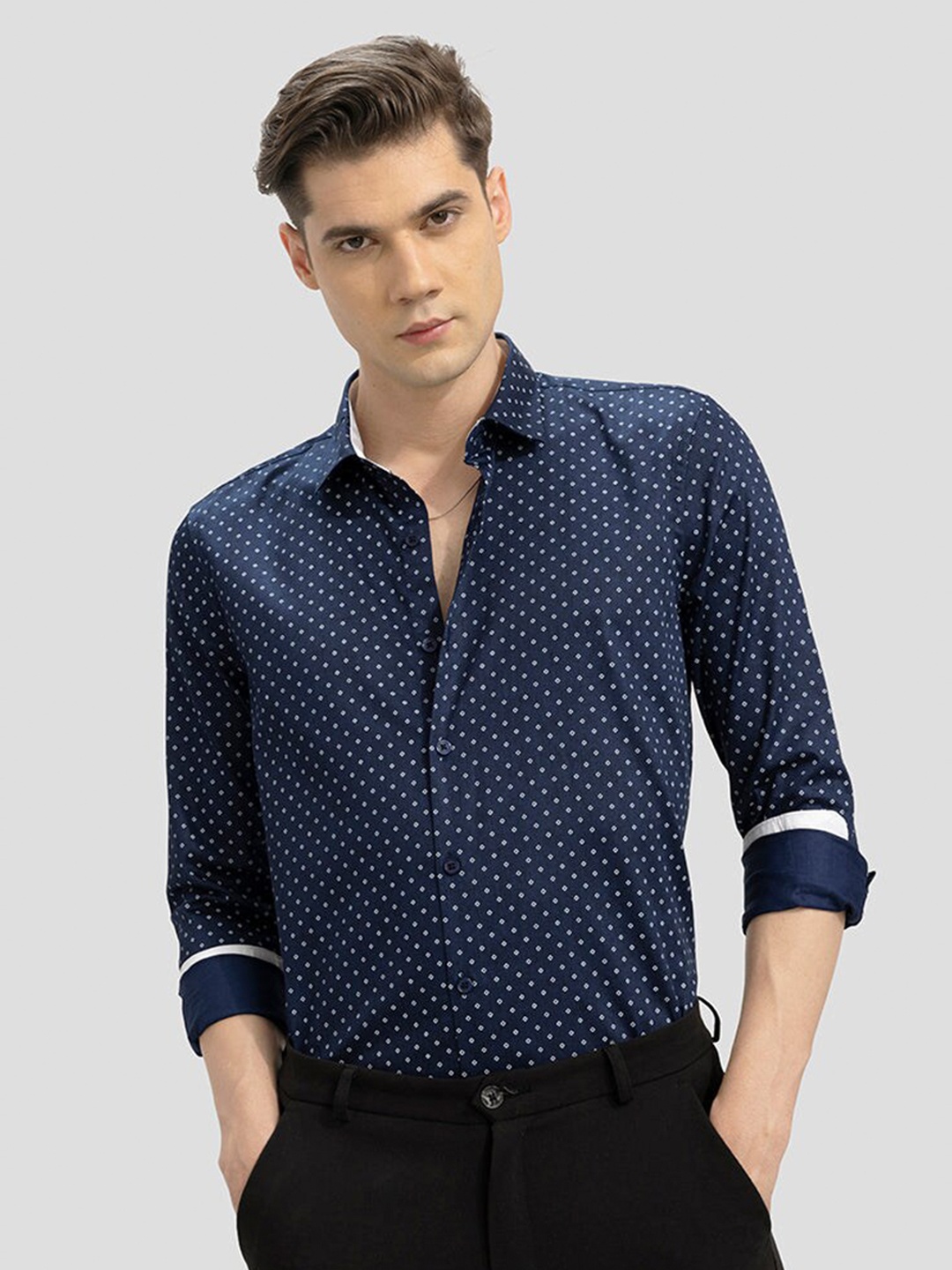 

Snitch Navy Blue Classic Micro Ditsy Spread Collar Slim Fit Cotton Casual Shirt