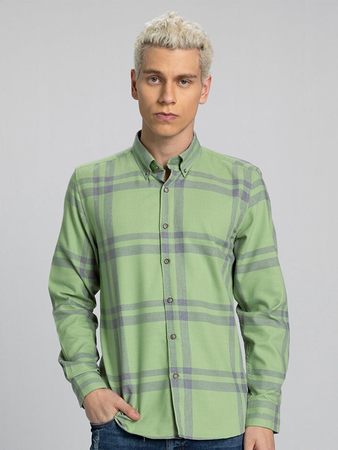 

Snitch Green Classic Tartan Checked Spread Collar Slim Fit Cotton Casual Shirt