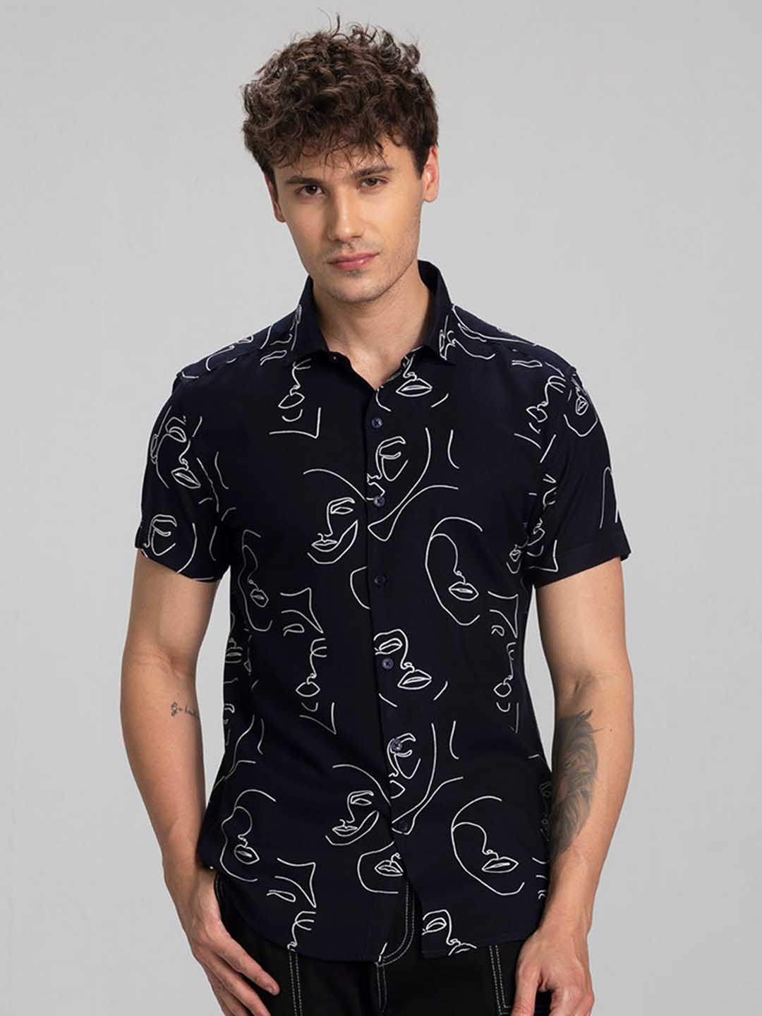 

Snitch Men Navy Blue Classic Slim Fit Opaque Printed Casual Shirt