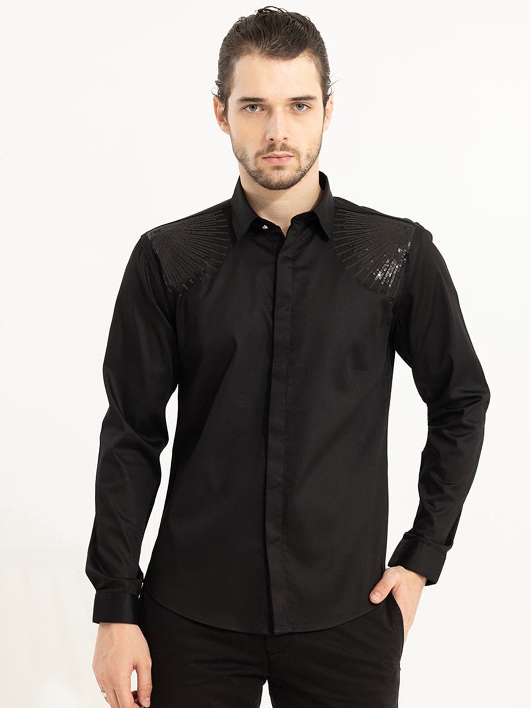 

Snitch Black Classic Spread Collar Embellished Cotton Shirt