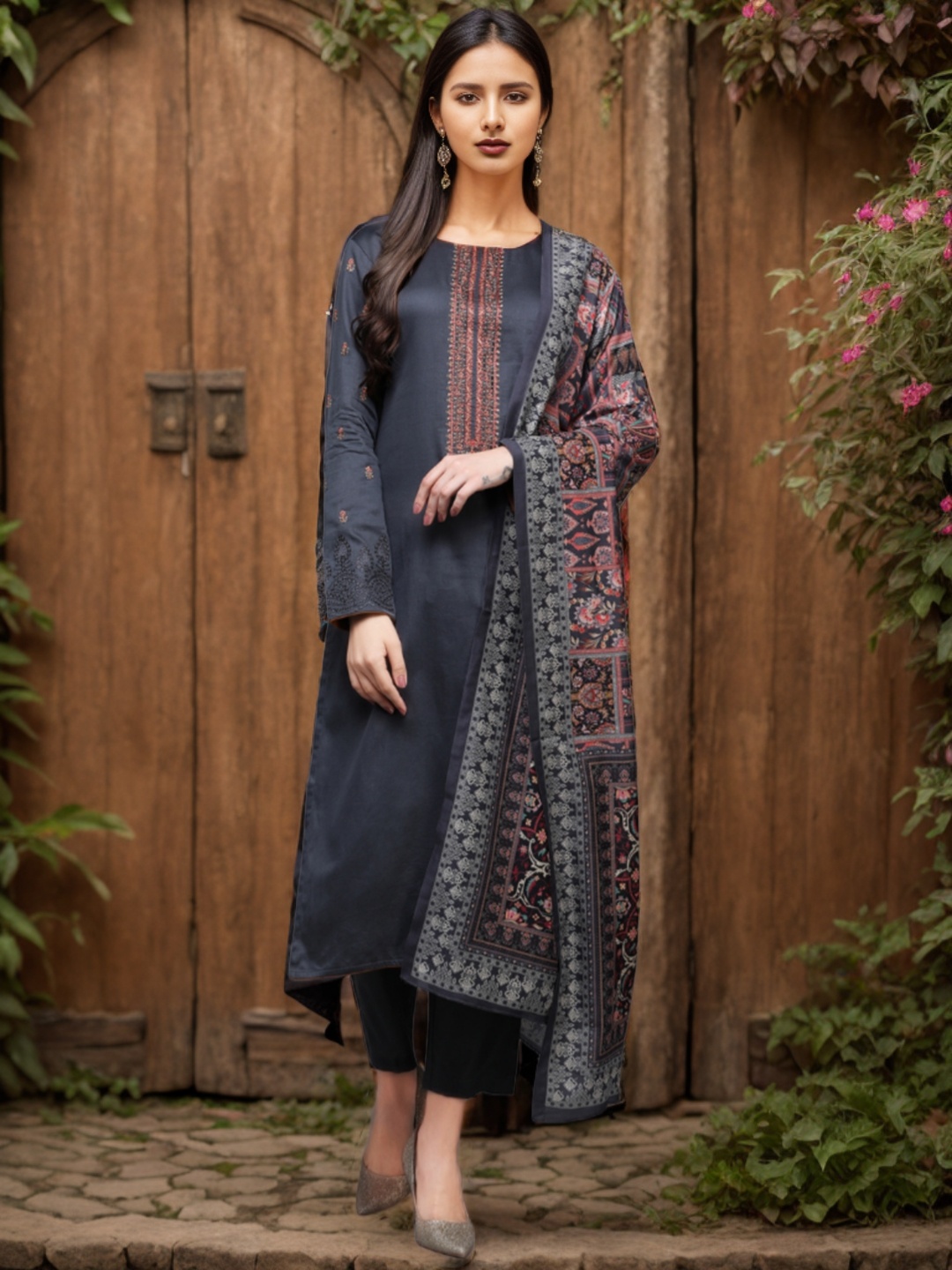 

AHIKA Grey Thread Work Detailed Pure Cotton Straight Kurta & Trousers with Dupatta