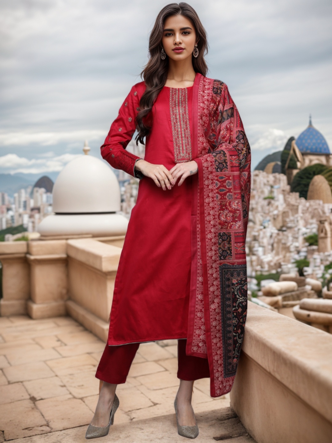 

AHIKA Red Thread Work Detailed Pure Cotton Straight Kurta & Trousers with Dupatta