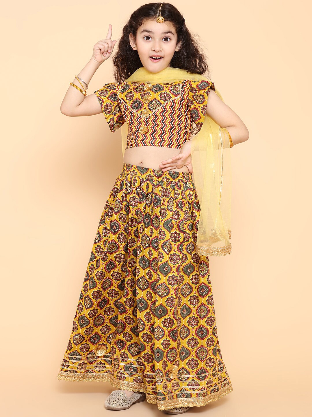 

Aj DEZInES Girls Floral Printed Pure Cotton Ready to Wear Lehenga & Blouse With Dupatta, Mustard