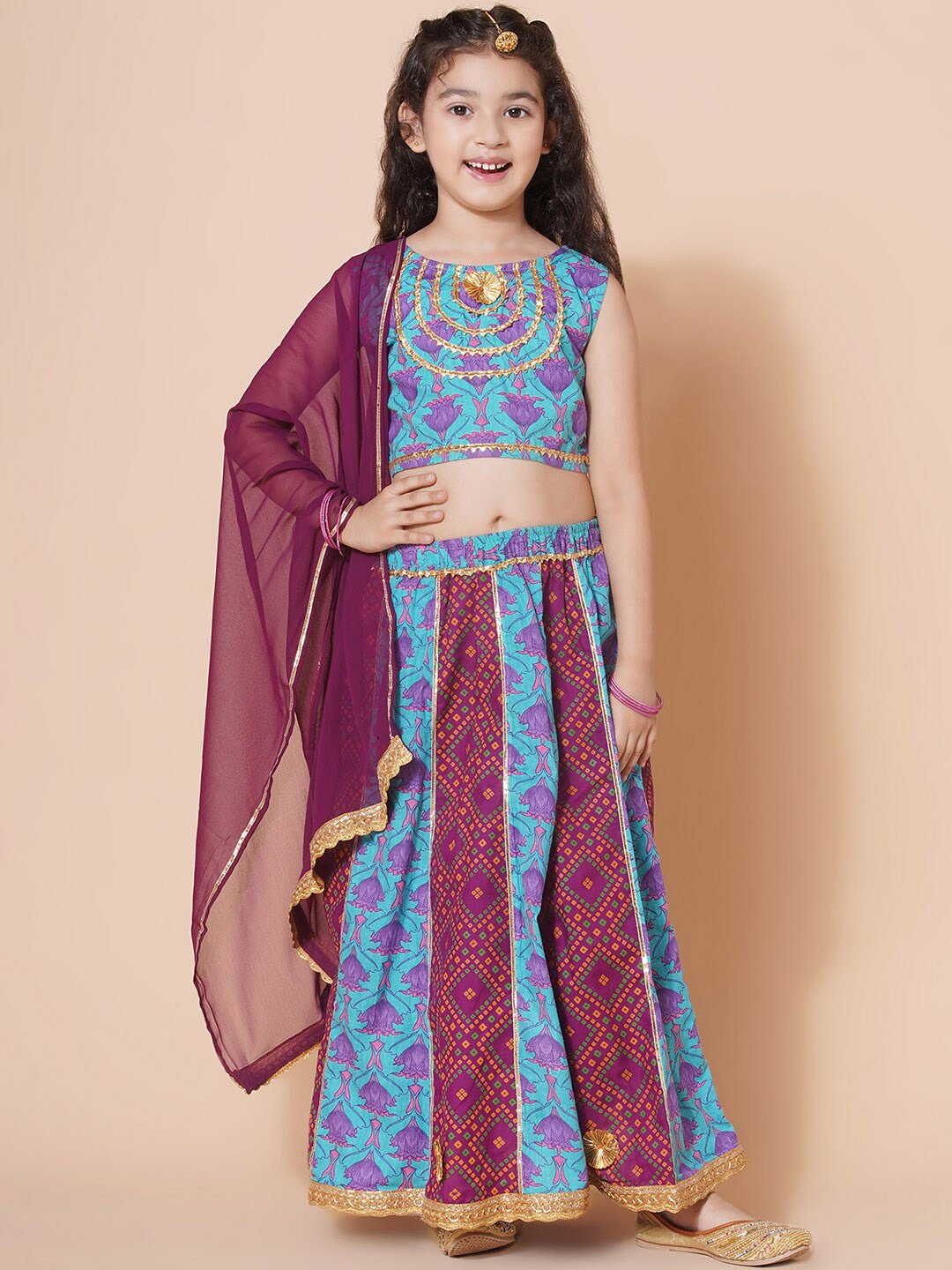

Aj DEZInES Girls Floral Printed Pure Cotton Ready to Wear Lehenga & Blouse With Dupatta, Purple