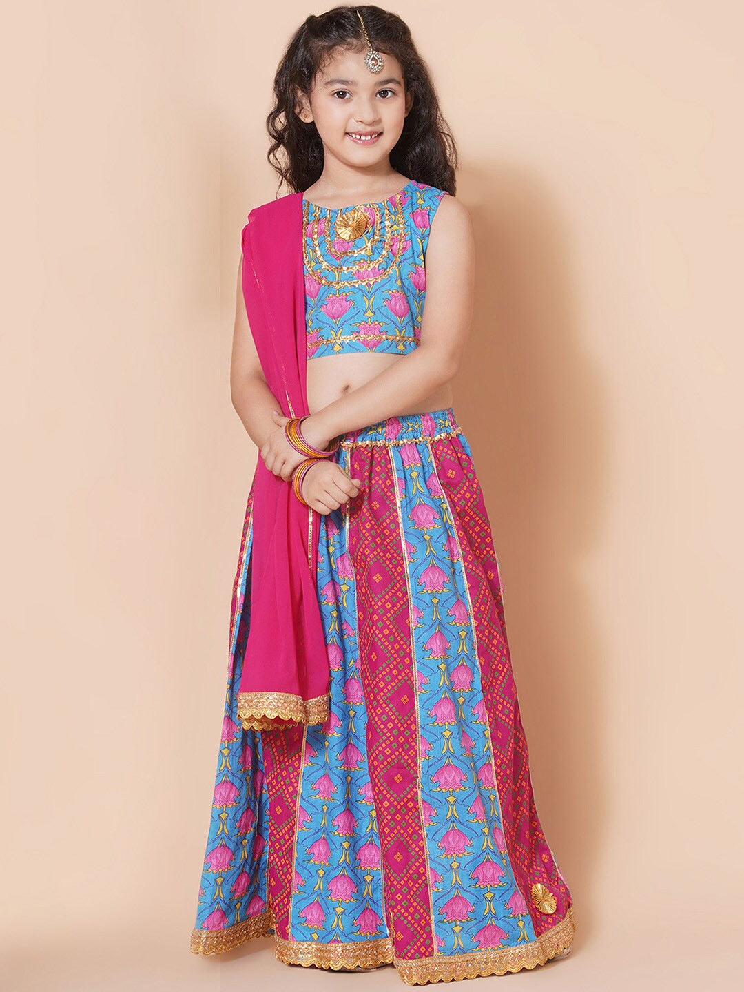 

Aj DEZInES Girls Floral Printed Pure Cotton Ready to Wear Lehenga & Blouse With Dupatta, Pink