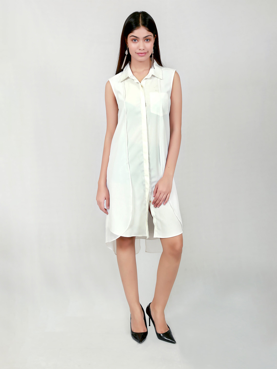 

Justin Whyte Shirt Collar Sleeveless Gathered A-Line Dress, White