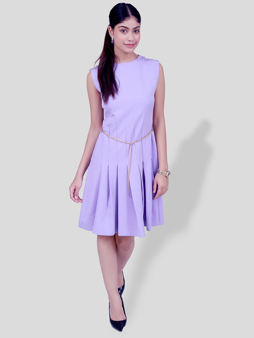 

Justin Whyte Round Neck Pleated A-Line Dress, Purple