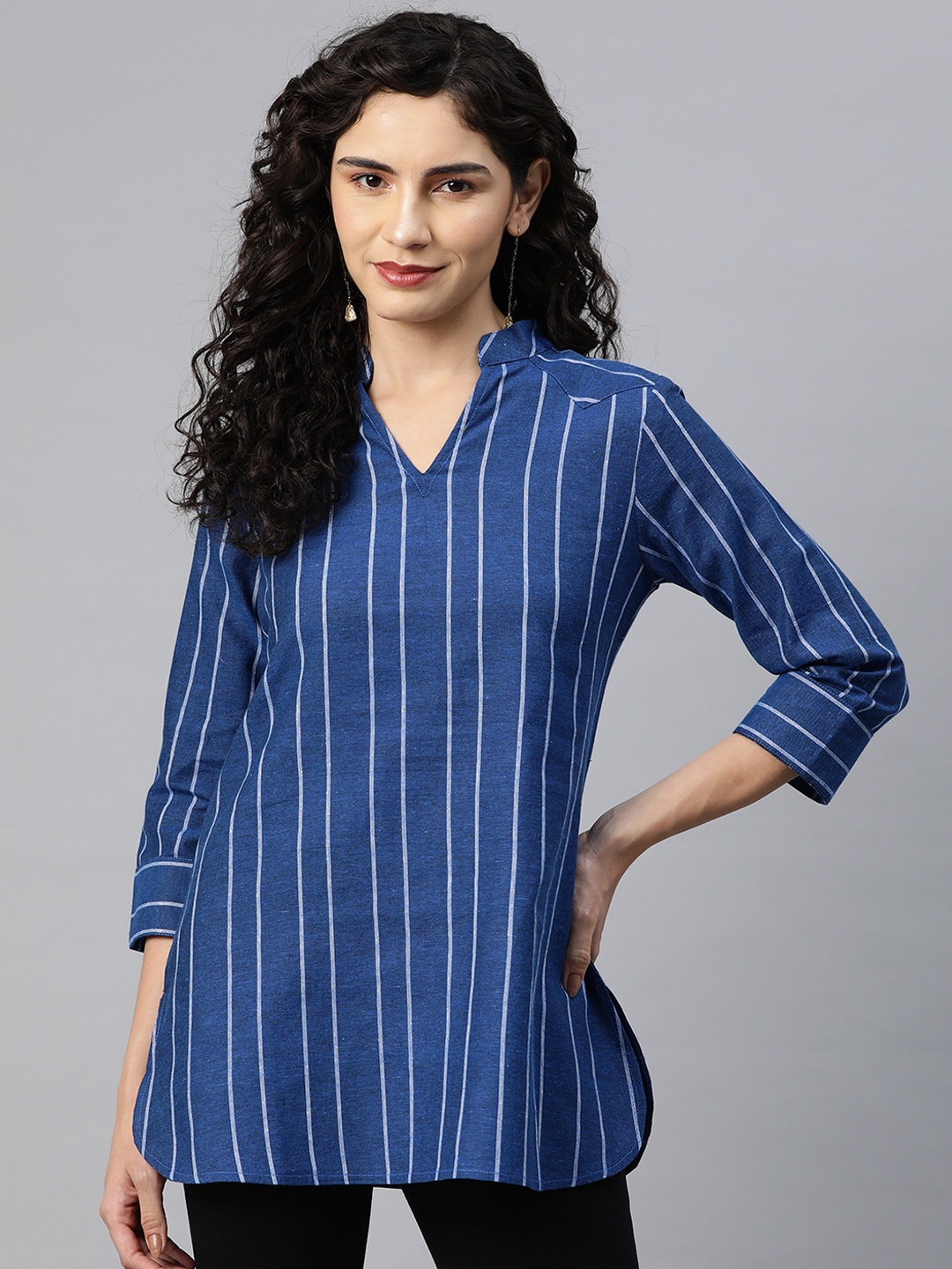 

Cottinfab Striped Mandarin Collar Cotton Top, Blue