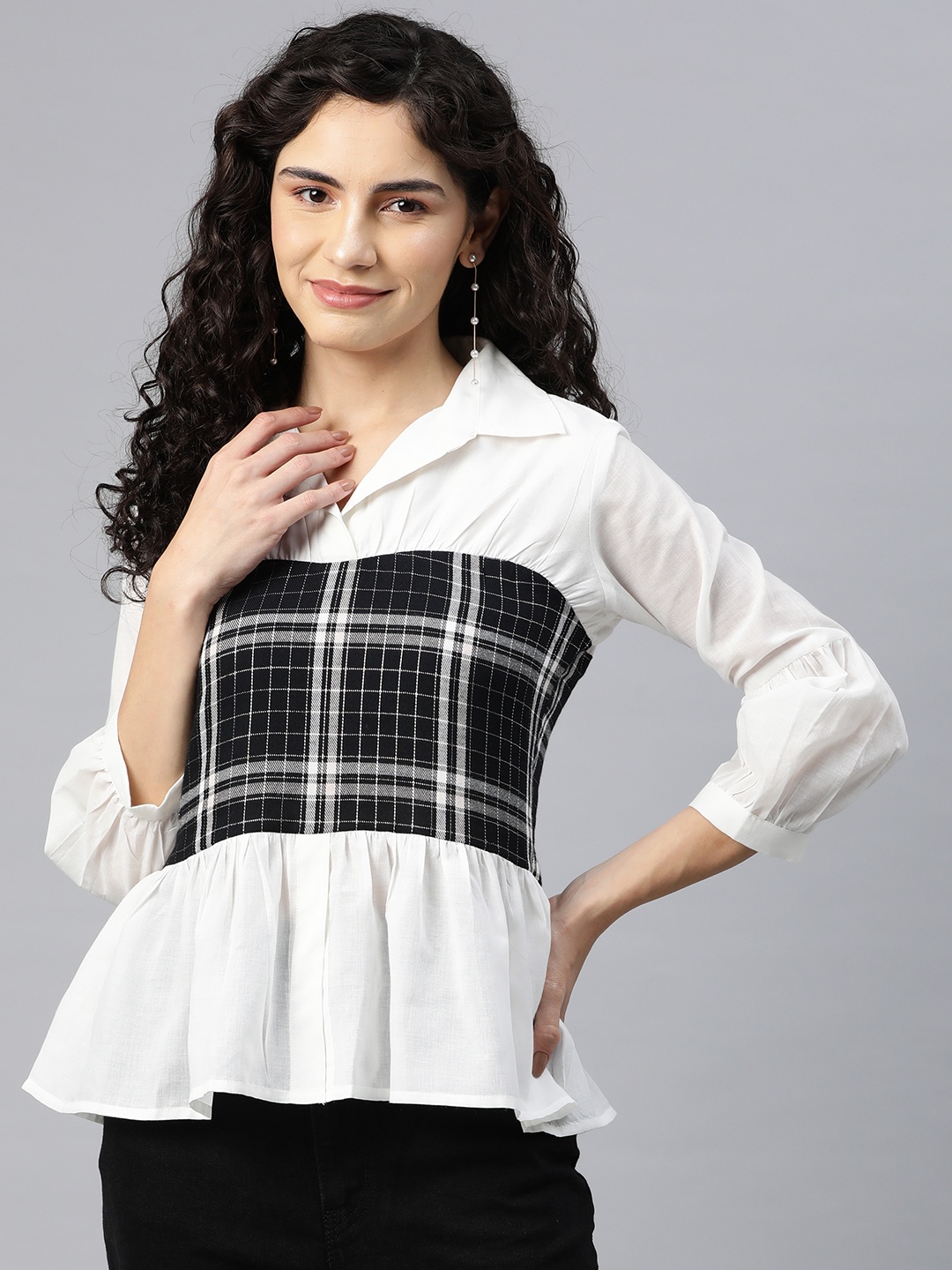 

Cottinfab Checked Puff Sleeve Monochrome Cotton Peplum Top, White