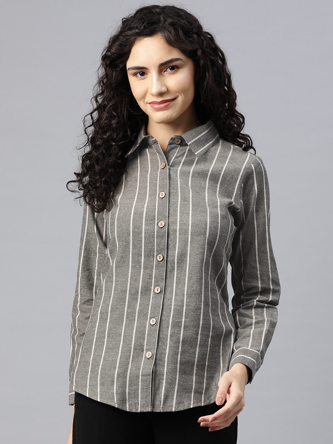 

Cottinfab Striped Cotton Shirt Style Top, Grey
