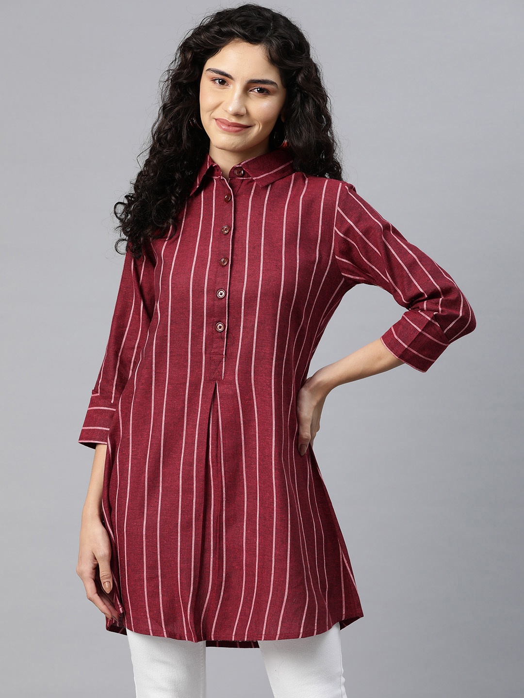 

Cottinfab Striped Cotton Shirt Style Top, Maroon