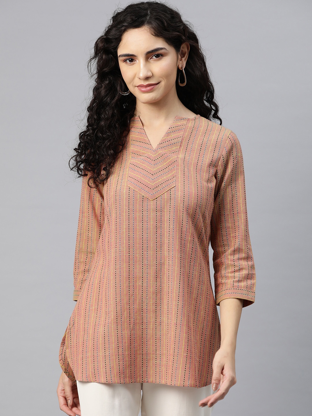 

Cottinfab Striped Kantha Work Cotton Top, Rust