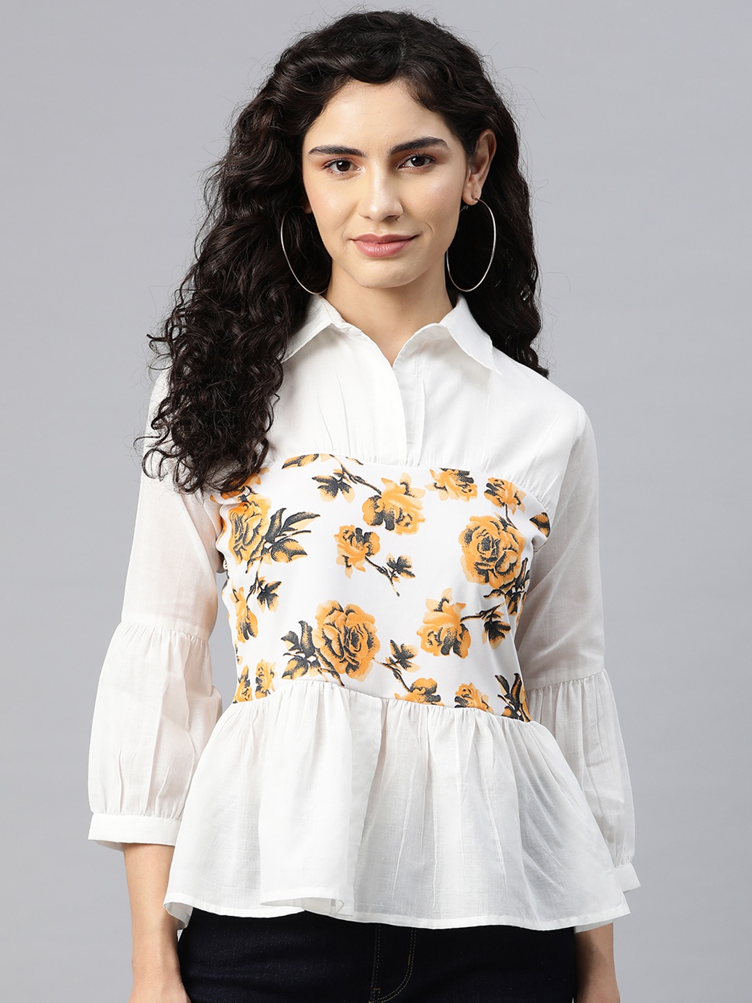 

Cottinfab Floral Print Cotton Peplum Top, White