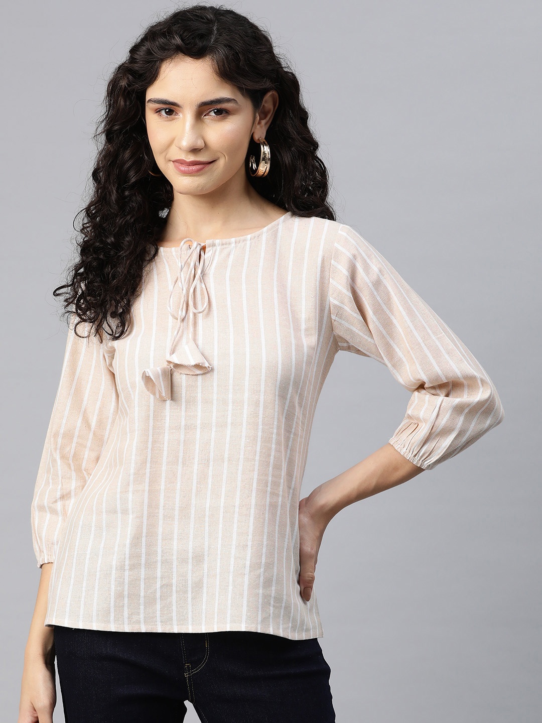 

Cottinfab Striped Tie-Up Neck Puff Sleeve Cotton Top, Beige