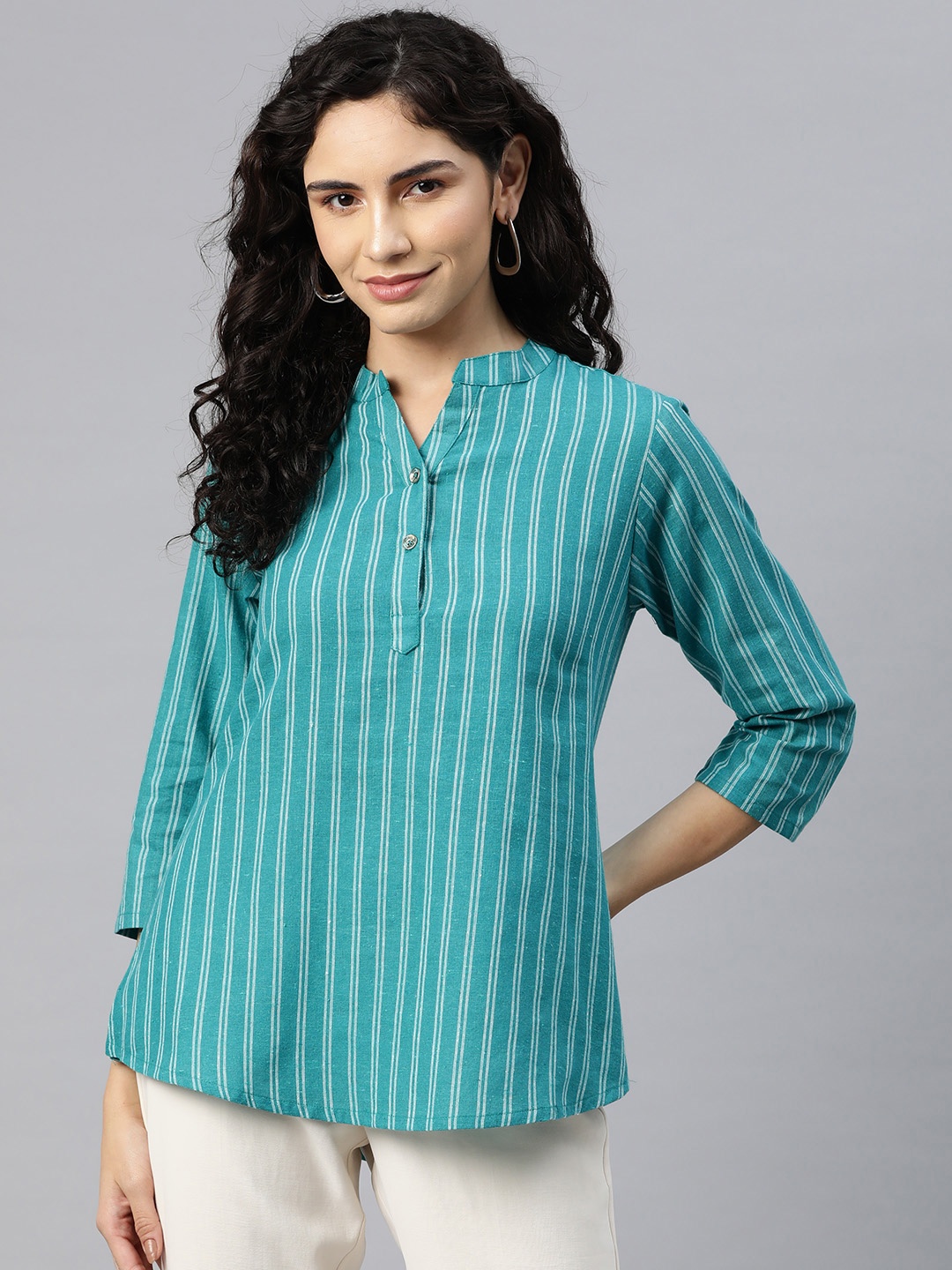 

Cottinfab Striped Mandarin Collar Cotton Top, Turquoise blue