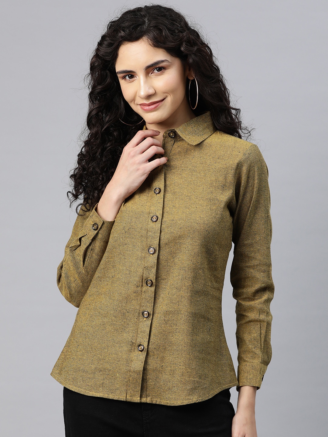 

Cottinfab Solid Shirt Style Top, Olive