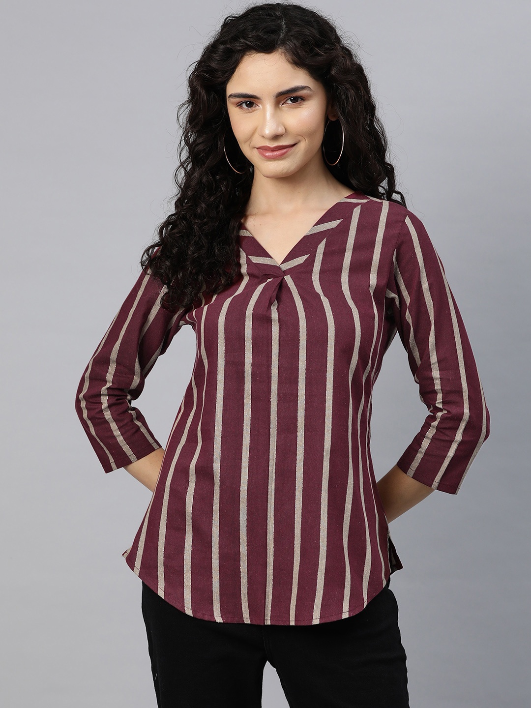 

Cottinfab Striped Front Pleated Cotton Longline Top, Maroon