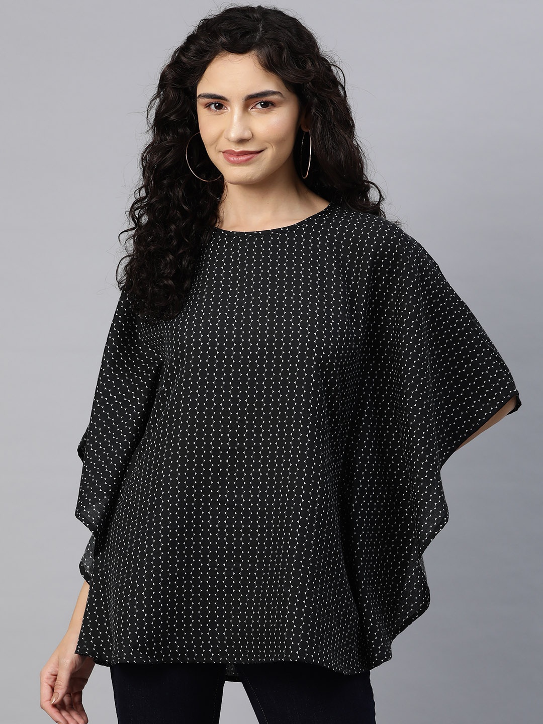 

Cottinfab Geometric Print Flared Sleeves Crepe Kaftan Longline Top, Black