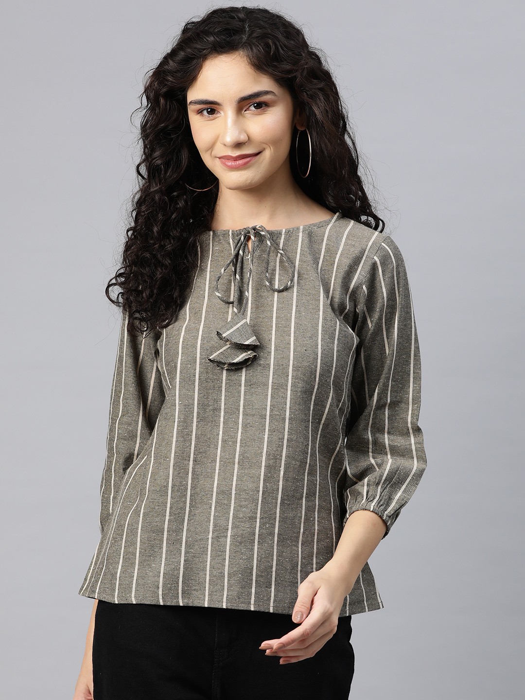 

Cottinfab Striped Tie-Up Neck Puff Sleeves Cotton Top, Brown